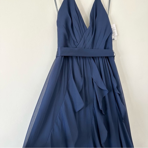 White by Vera Wang Long Chiffon Halter Cascading Bridesmaid Dress in Midnight - Picture 2 of 14